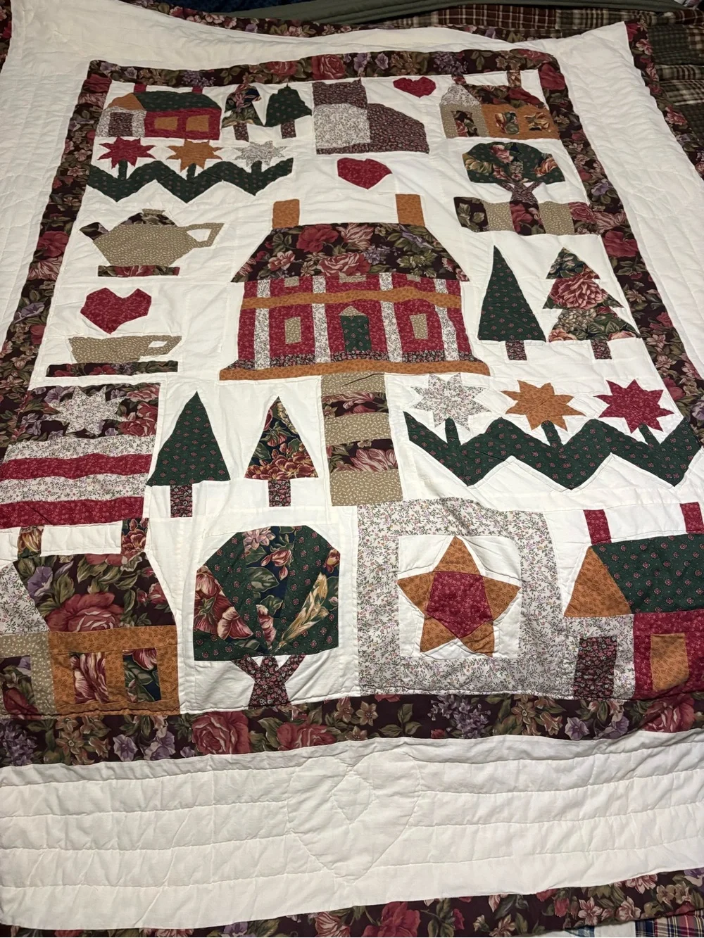 Handmade Patchwork Farmhouse Quilt - White with Green, Red, Brown Accents